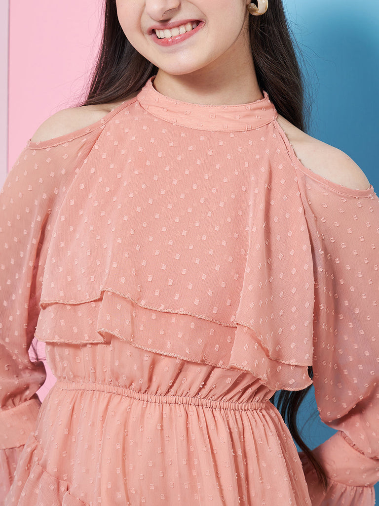 Girls Self Design Halter Neck Bell Sleeves Cut Out Layered Ruffled A-Line Dress