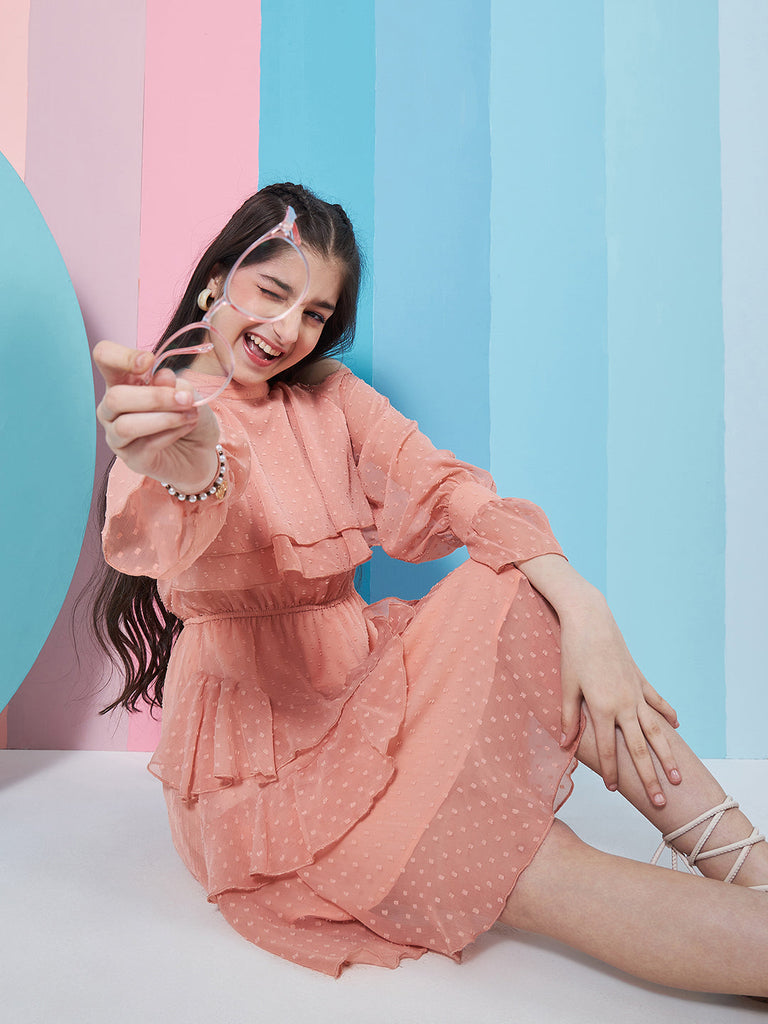 Girls Self Design Halter Neck Bell Sleeves Cut Out Layered Ruffled A-Line Dress