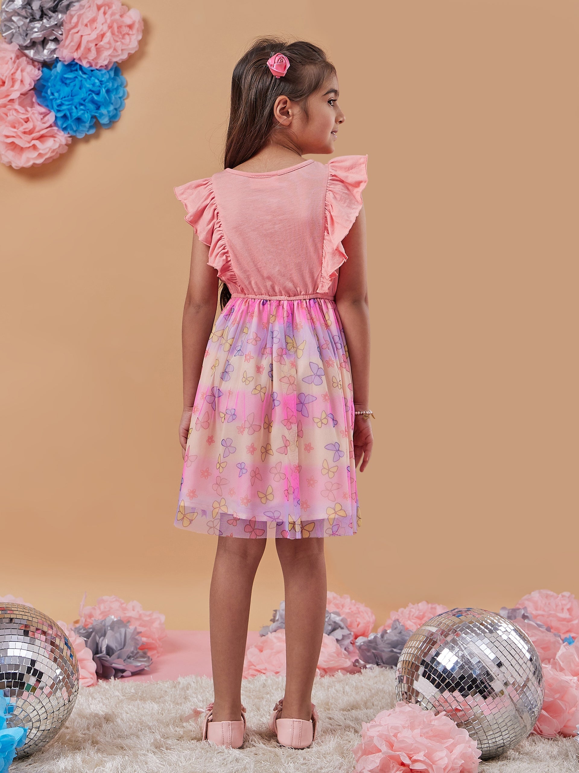 Girls Conversational Printed Net Fit Flare Dress - PS Peaches