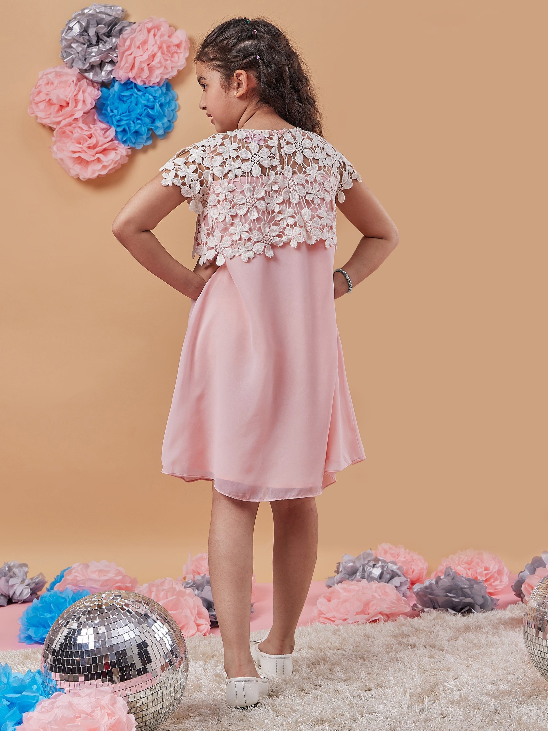 Girls Self Design Georgette A-Line Dress - PS Peaches