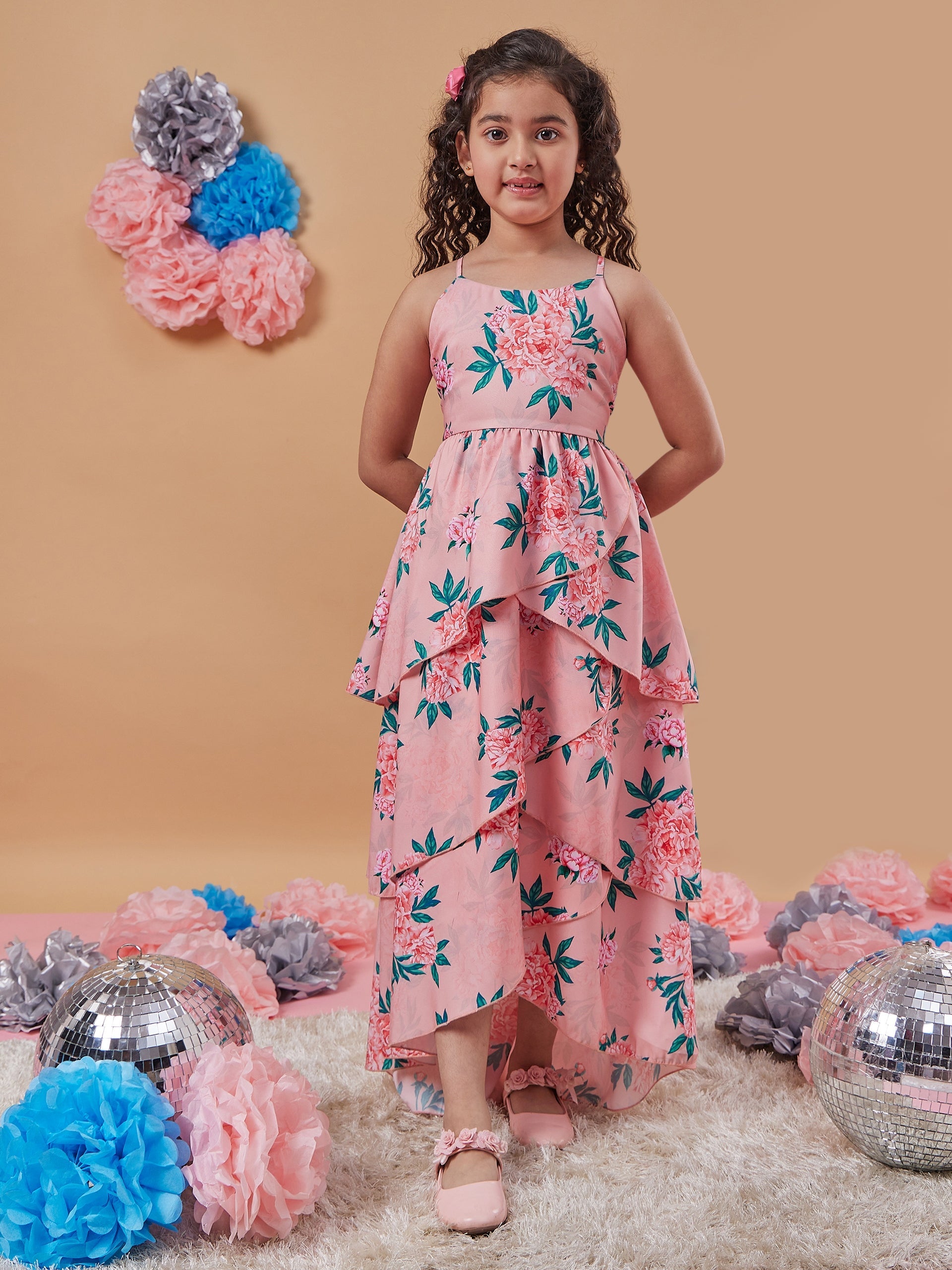 Girls Floral Printed Layered Detailed Maxi Dress - PS Peaches