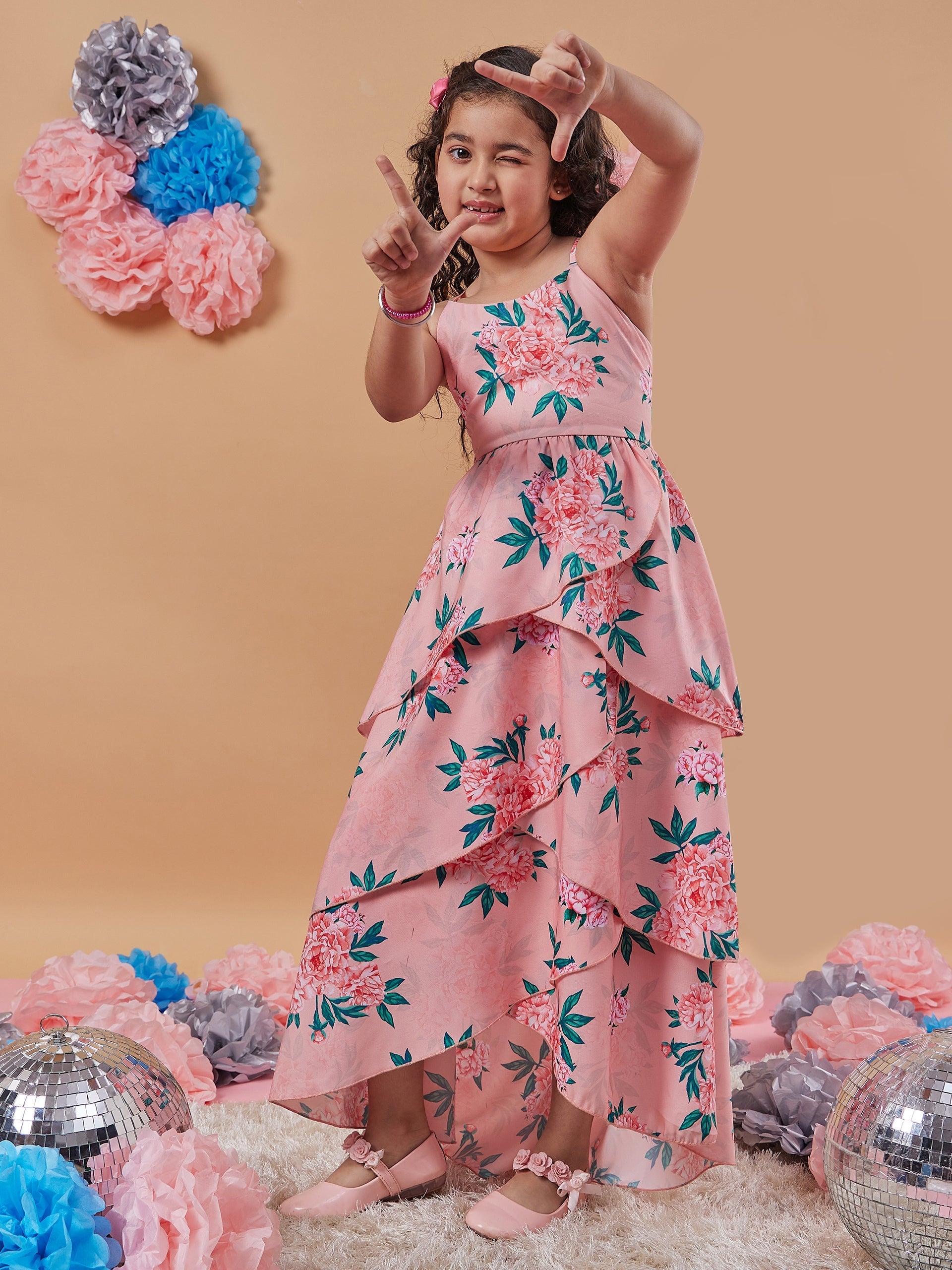 Girls Floral Printed Layered Detailed Maxi Dress - PS Peaches