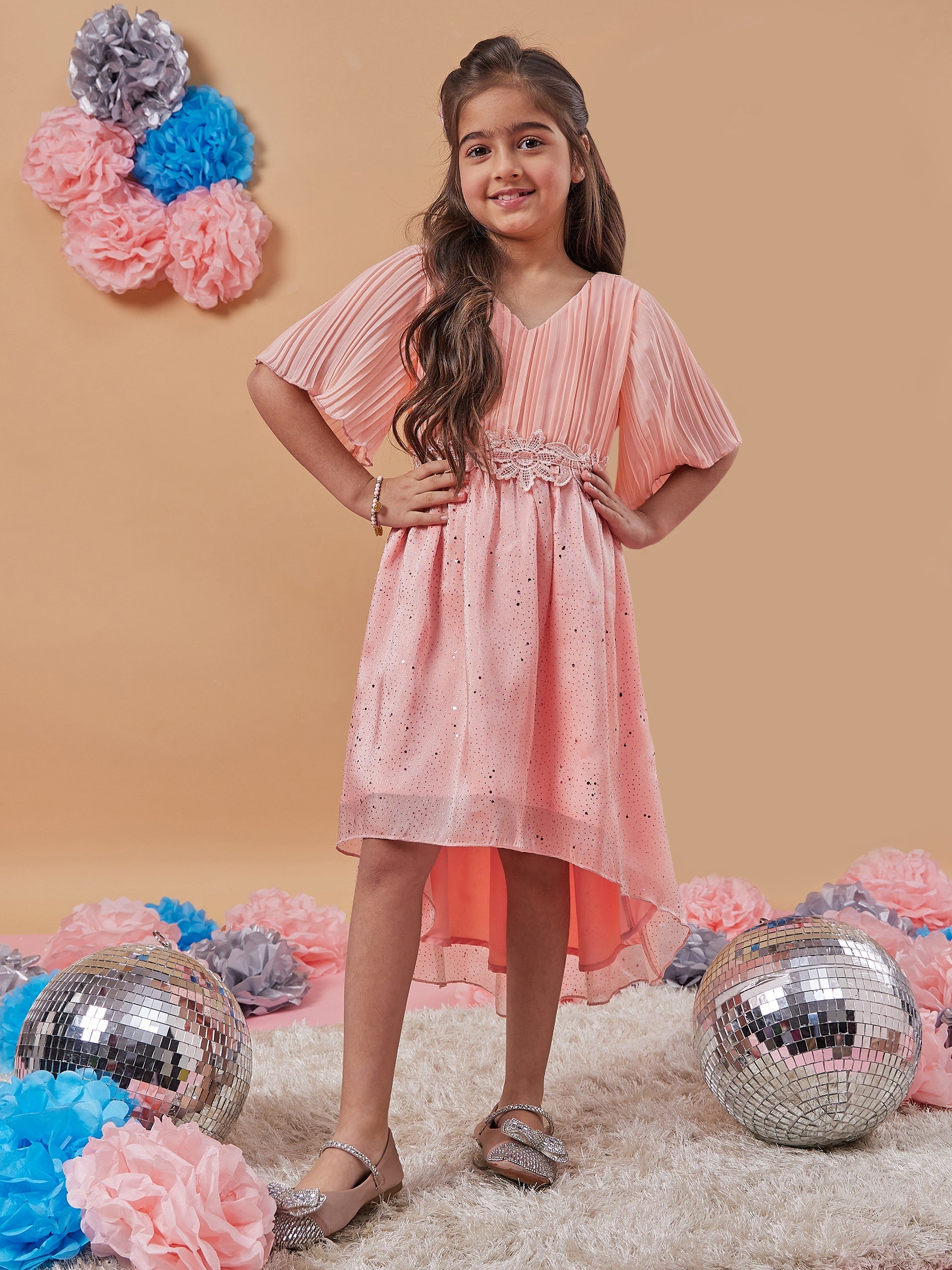 Girls V-Neck Floral Print Flared Sleeve A-Line Dress - PS Peaches