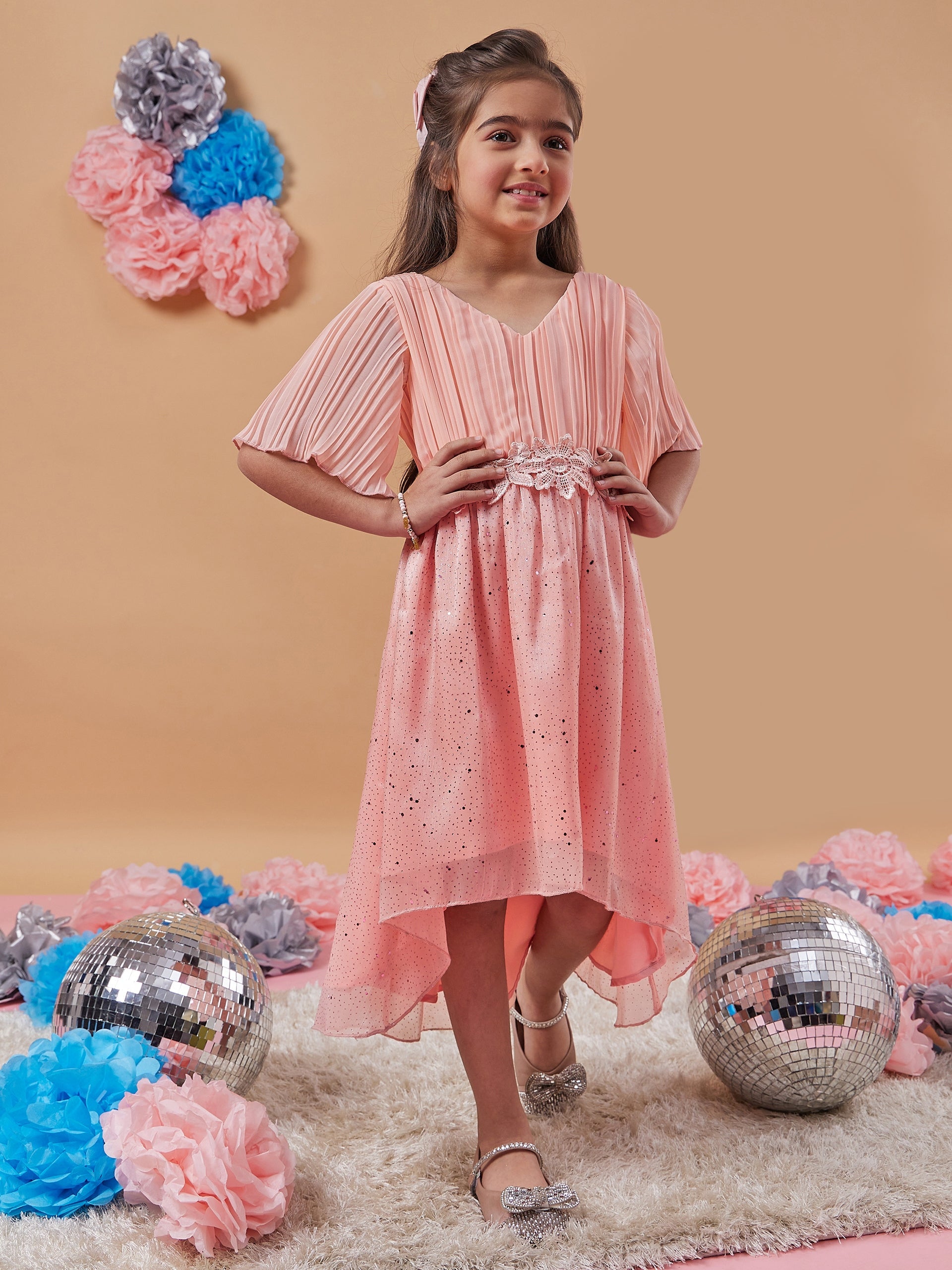 Girls V-Neck Floral Print Flared Sleeve A-Line Dress - PS Peaches