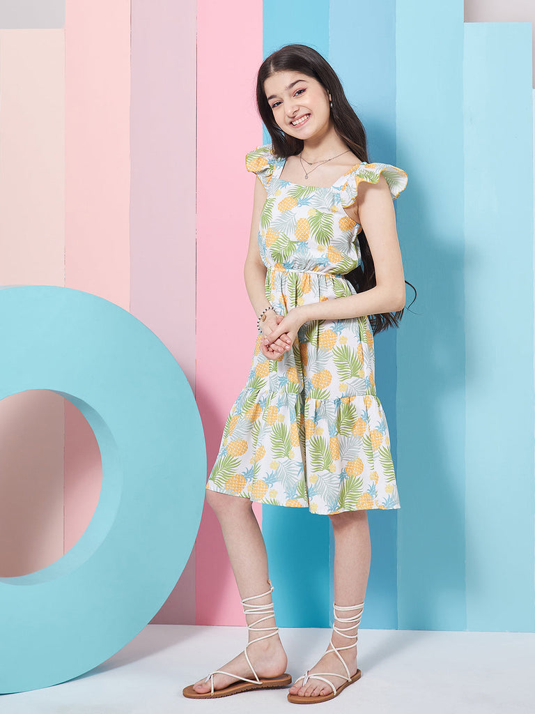 Girls Floral Print Square Neck Flutter Sleeves Fit Flare Dress