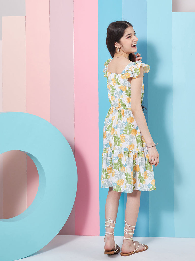 Girls Floral Print Square Neck Flutter Sleeves Fit Flare Dress