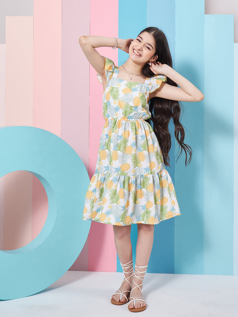 Girls Floral Print Square Neck Flutter Sleeves Fit Flare Dress