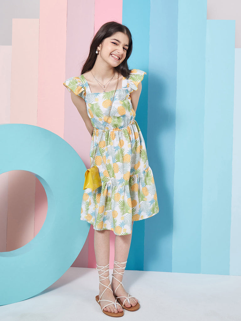 Girls Floral Print Square Neck Flutter Sleeves Fit Flare Dress