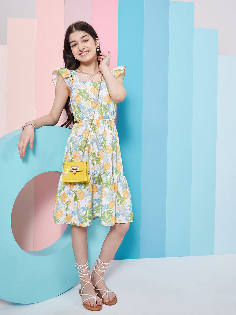 Girls Floral Print Square Neck Flutter Sleeves Fit Flare Dress