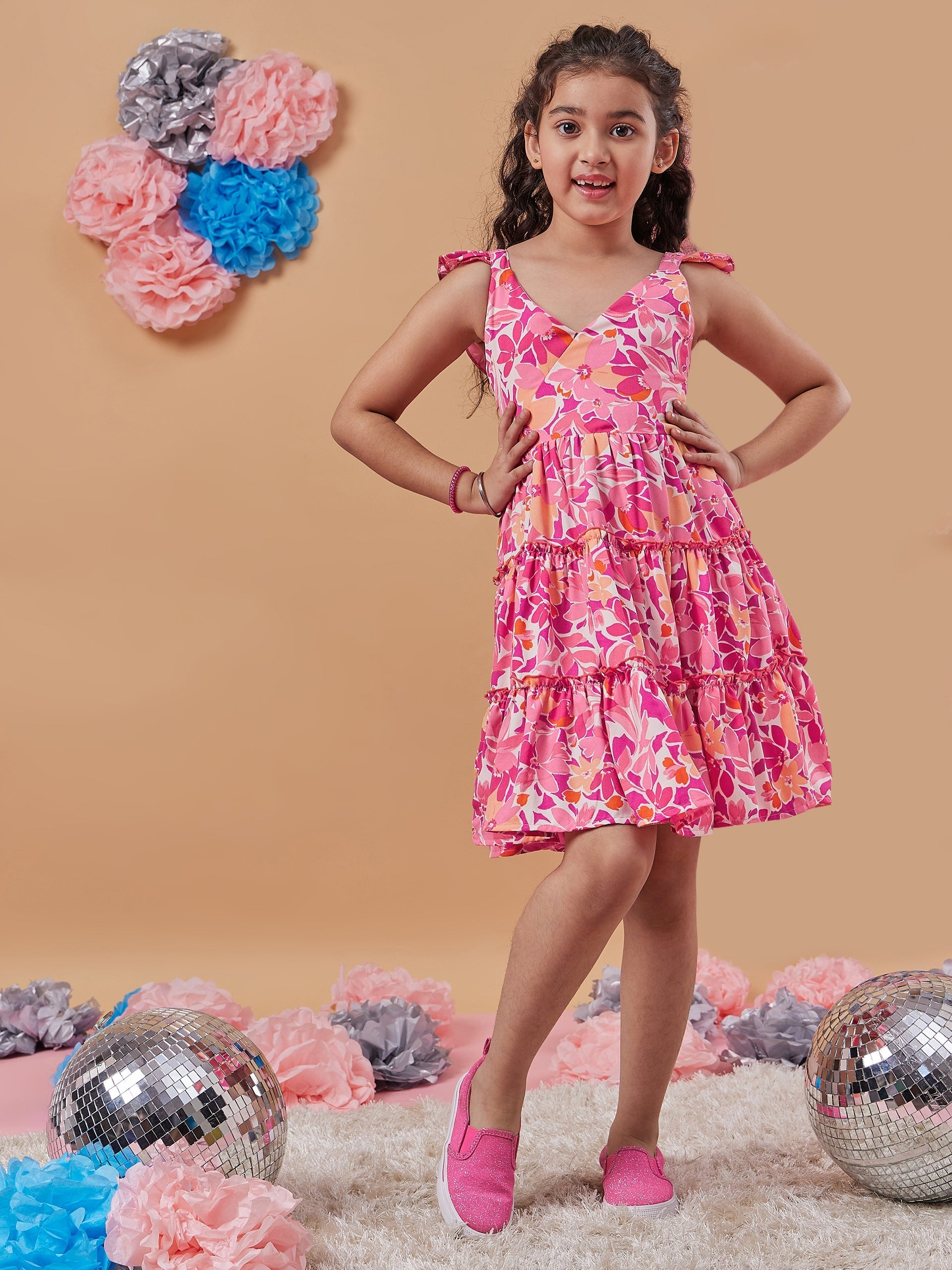 Girls Floral Print Shoulder Strap Crepe Fit Flare Dress - PS Peaches