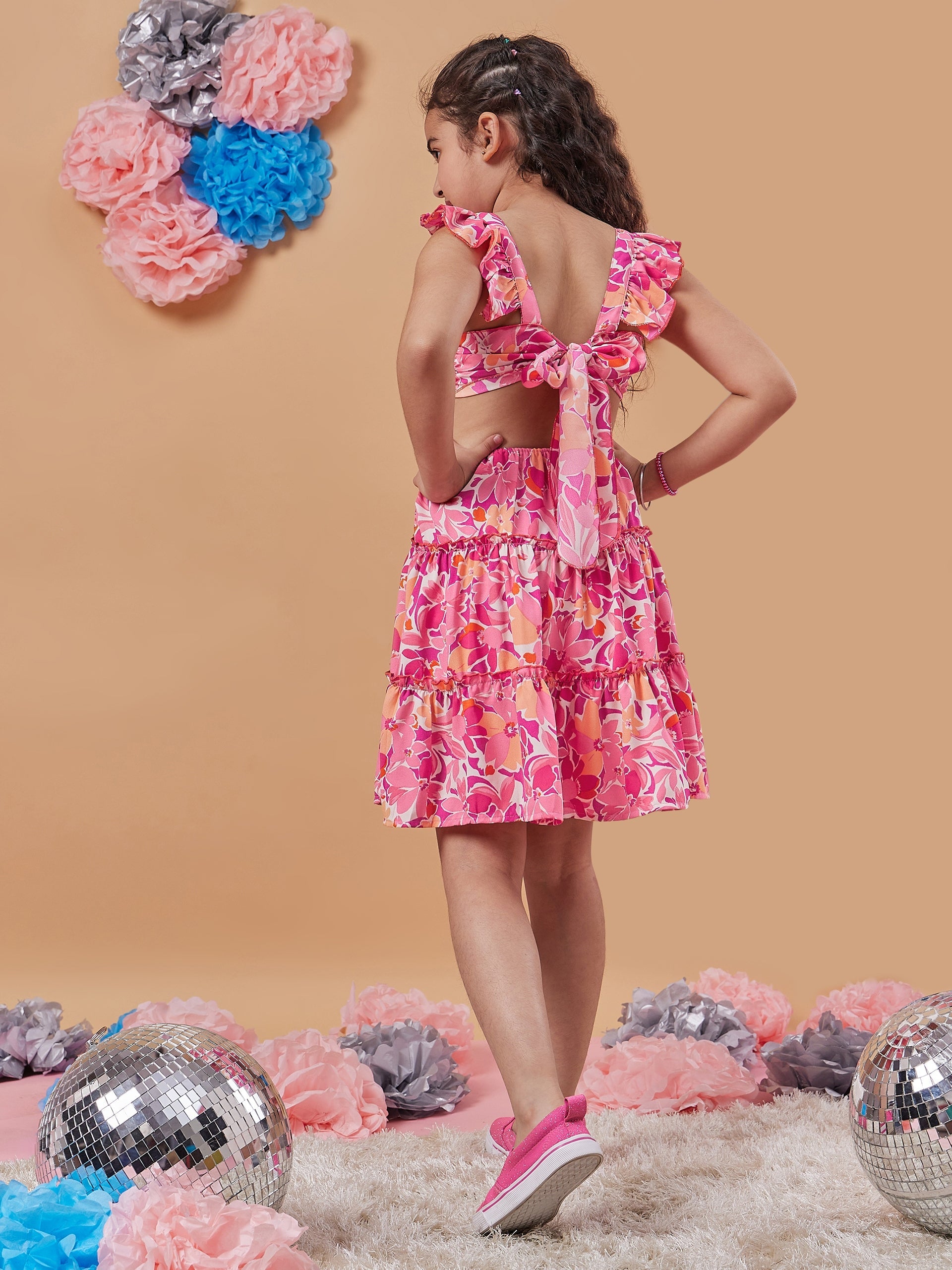 Girls Floral Print Shoulder Strap Crepe Fit Flare Dress - PS Peaches