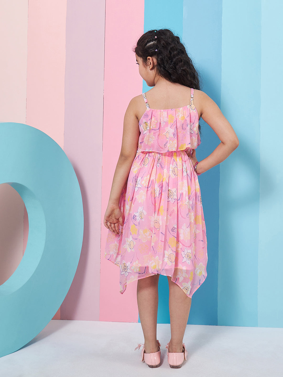 Girls Shoulder Straps Sleeveless Floral Print Empire Dress - PS Peaches