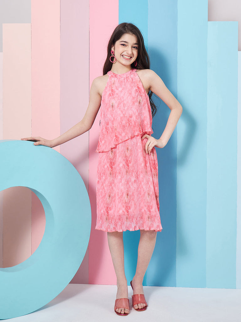 Girls Round Neck A-Line Midi Dress