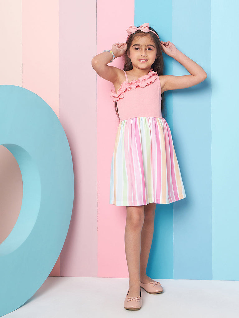 Girls Shoulder Straps Sleeveless Striped Woollen Fit Flare Dress