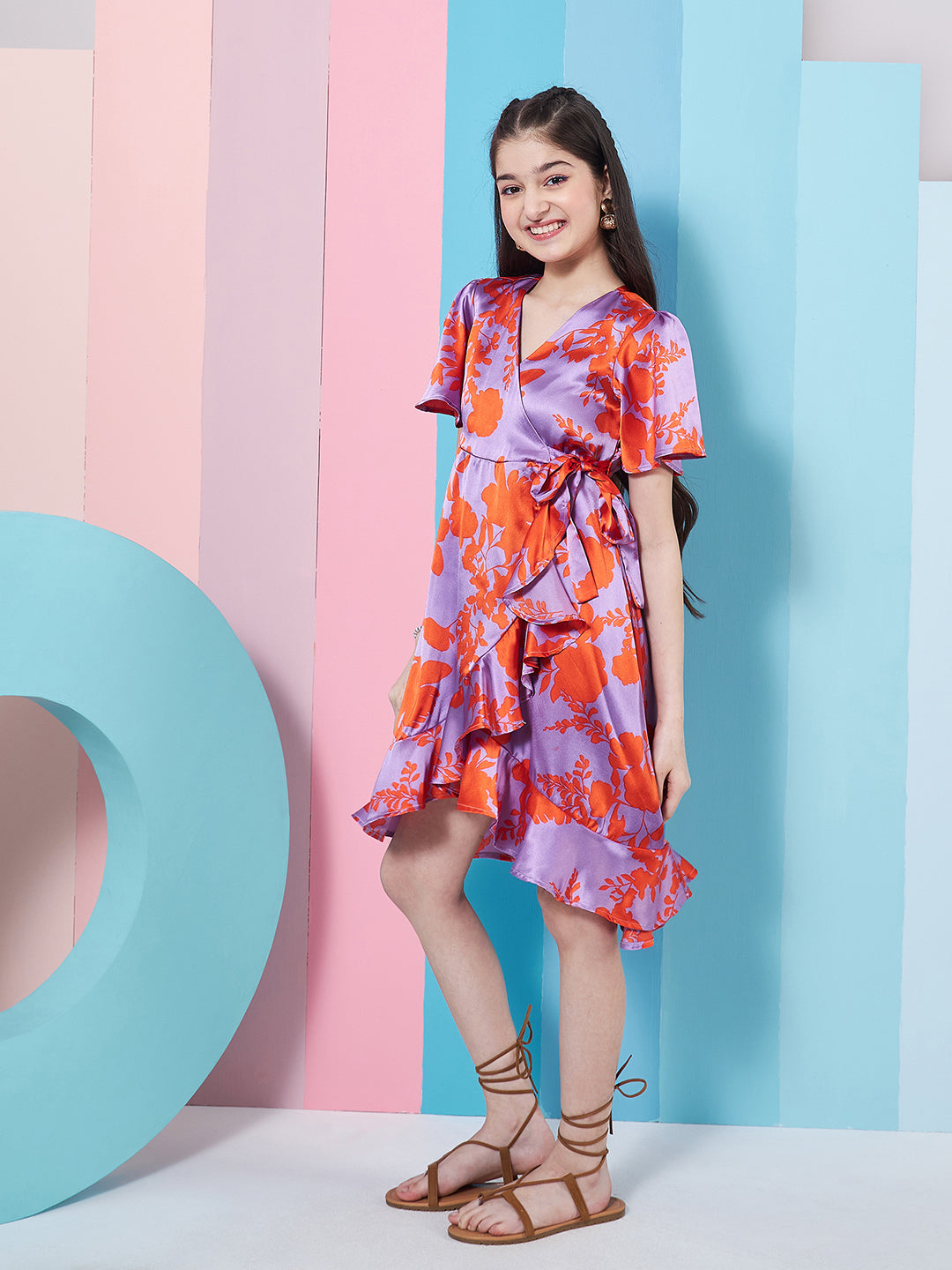 Girls Floral Printed Flutter Sleeve Satin Wrap Dress - PS Peaches