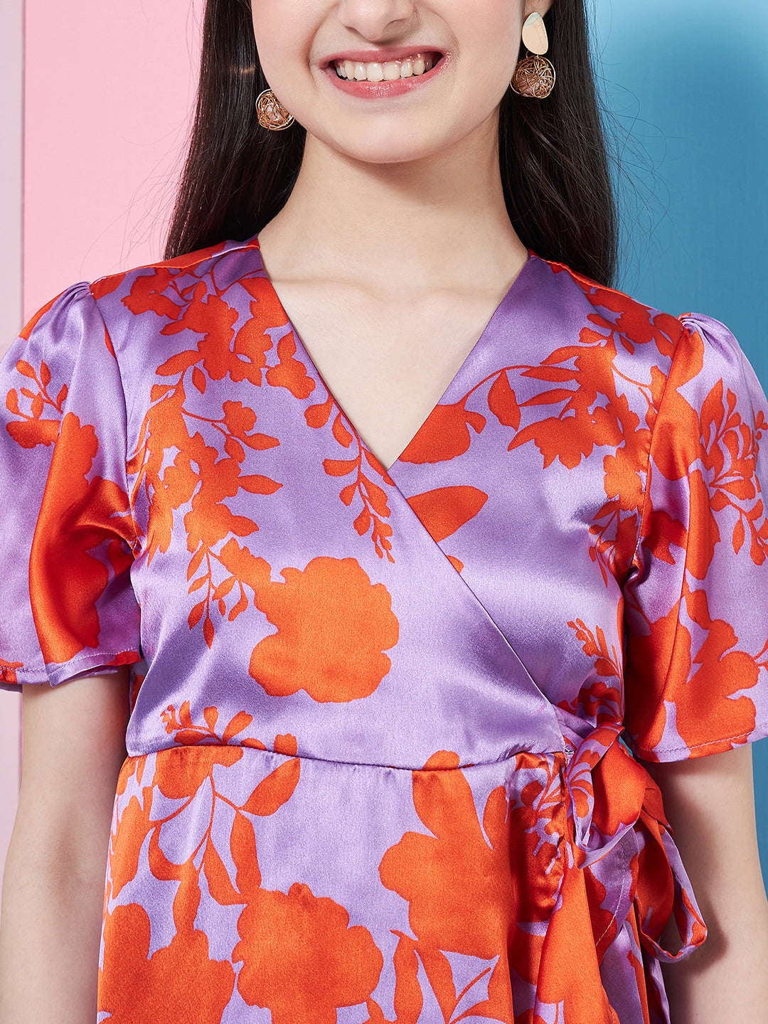 Girls Floral Printed Flutter Sleeve Satin Wrap Dress - PS Peaches