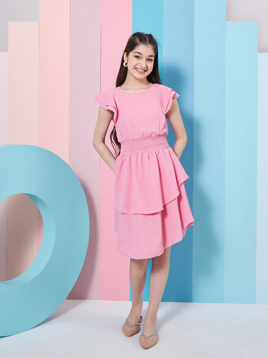 Girls Flutter Sleeve Layered Crepe Fit Flare Dress - PS Peaches
