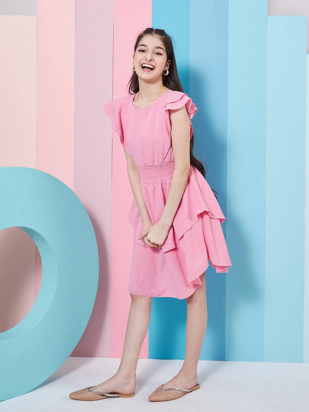 Girls Flutter Sleeve Layered Crepe Fit Flare Dress - PS Peaches