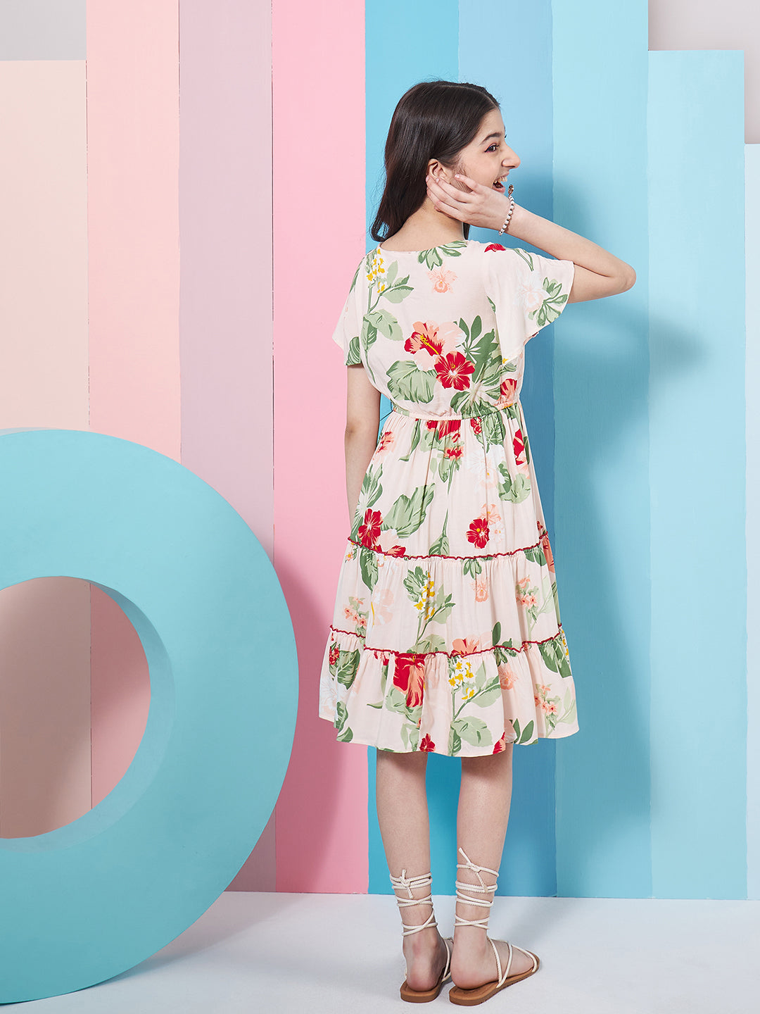Girls Floral Printed Flared Sleeves Tiered Fit Flare Dress - PS Peaches