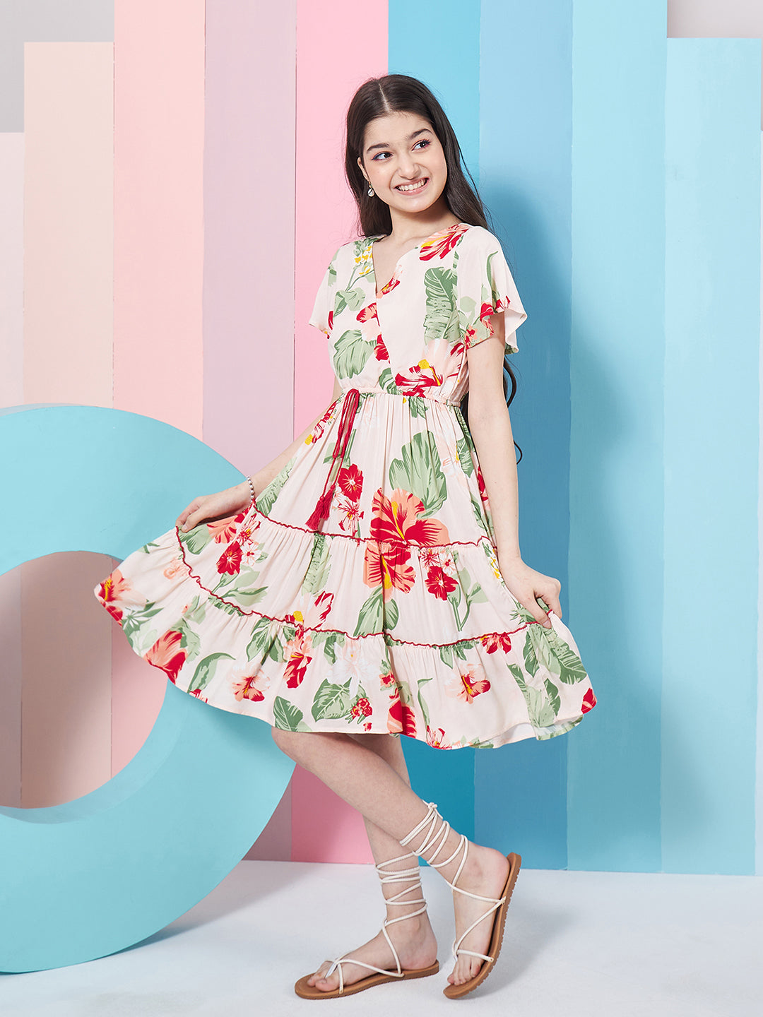 Girls Floral Printed Flared Sleeves Tiered Fit Flare Dress - PS Peaches