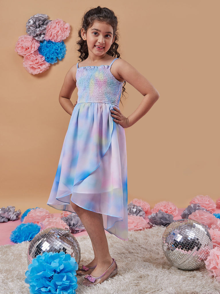 Girls Tie Dye Shoulder Strap Georgette Fit Flare Midi Dress