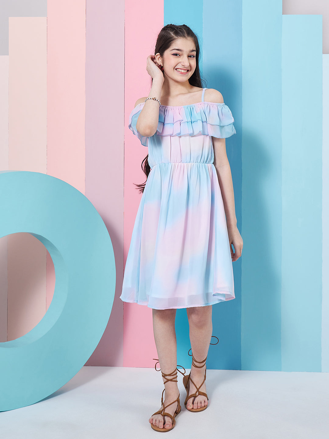 Girls Tie Dye Off-Shoulder Georgette Fit Flare Dress 3-4 Y / Blue / Georgette | Trendia Global Girls Tie Dye Off-Shoulder Georgette Fit Flare Dress 3-4 Y / Blue / Georgette | Trendia Global