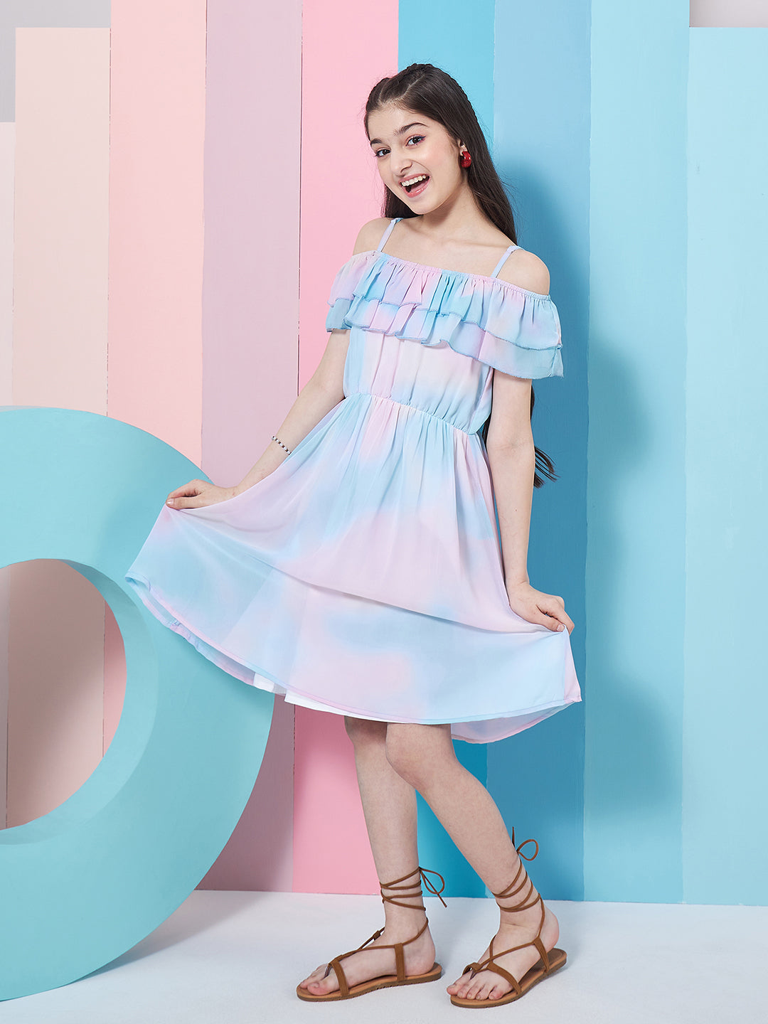 Girls Tie Dye Off-Shoulder Georgette Fit Flare Dress 5-6 Y / Blue / Georgette | Trendia Global Girls Tie Dye Off-Shoulder Georgette Fit Flare Dress 5-6 Y / Blue / Georgette | Trendia Global