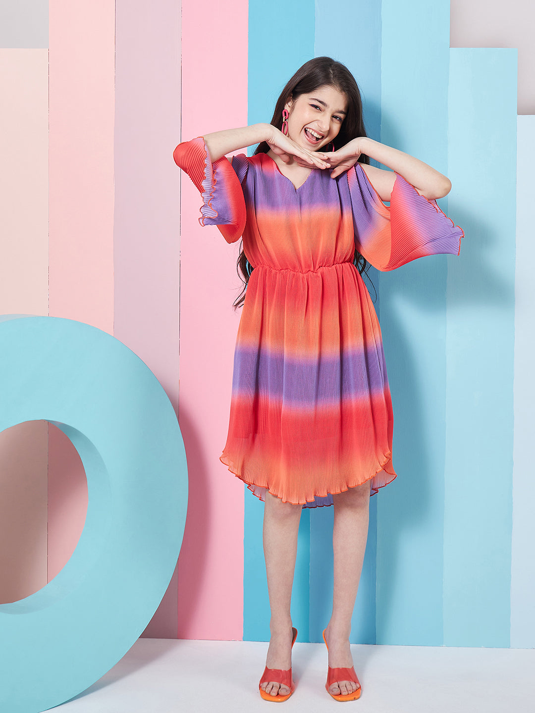 Girls V-Neck Tie And Dye Striped Flared Sleeve Fit Flare Dress - PS Peaches