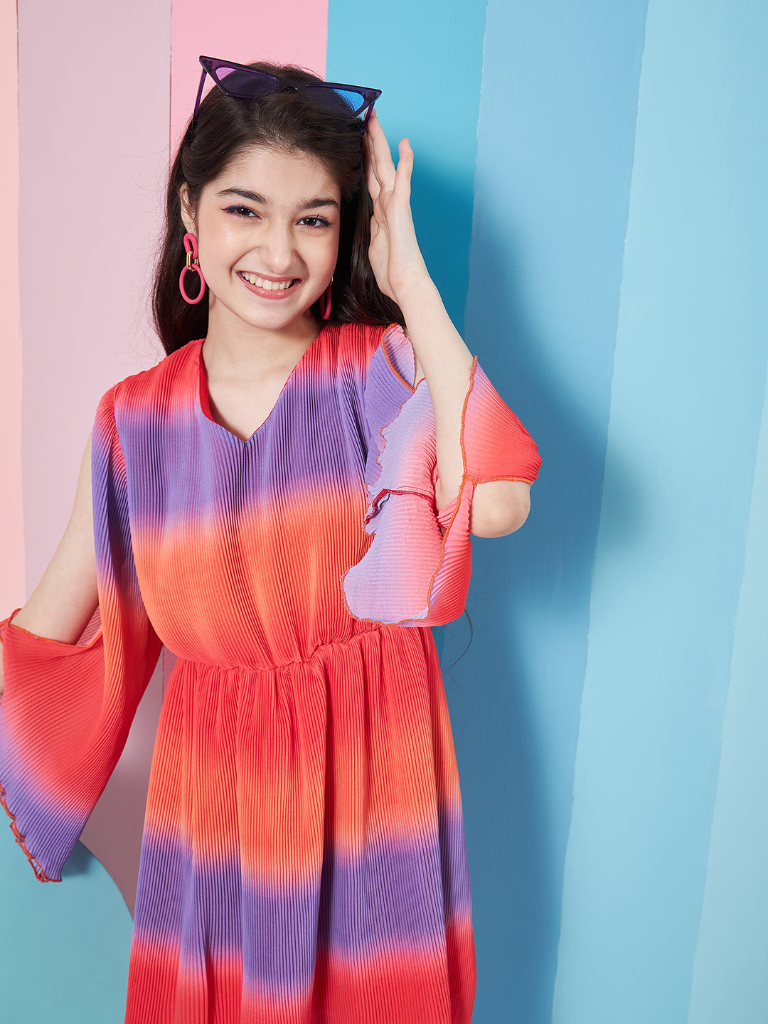Girls V-Neck Tie And Dye Striped Flared Sleeve Fit Flare Dress - PS Peaches