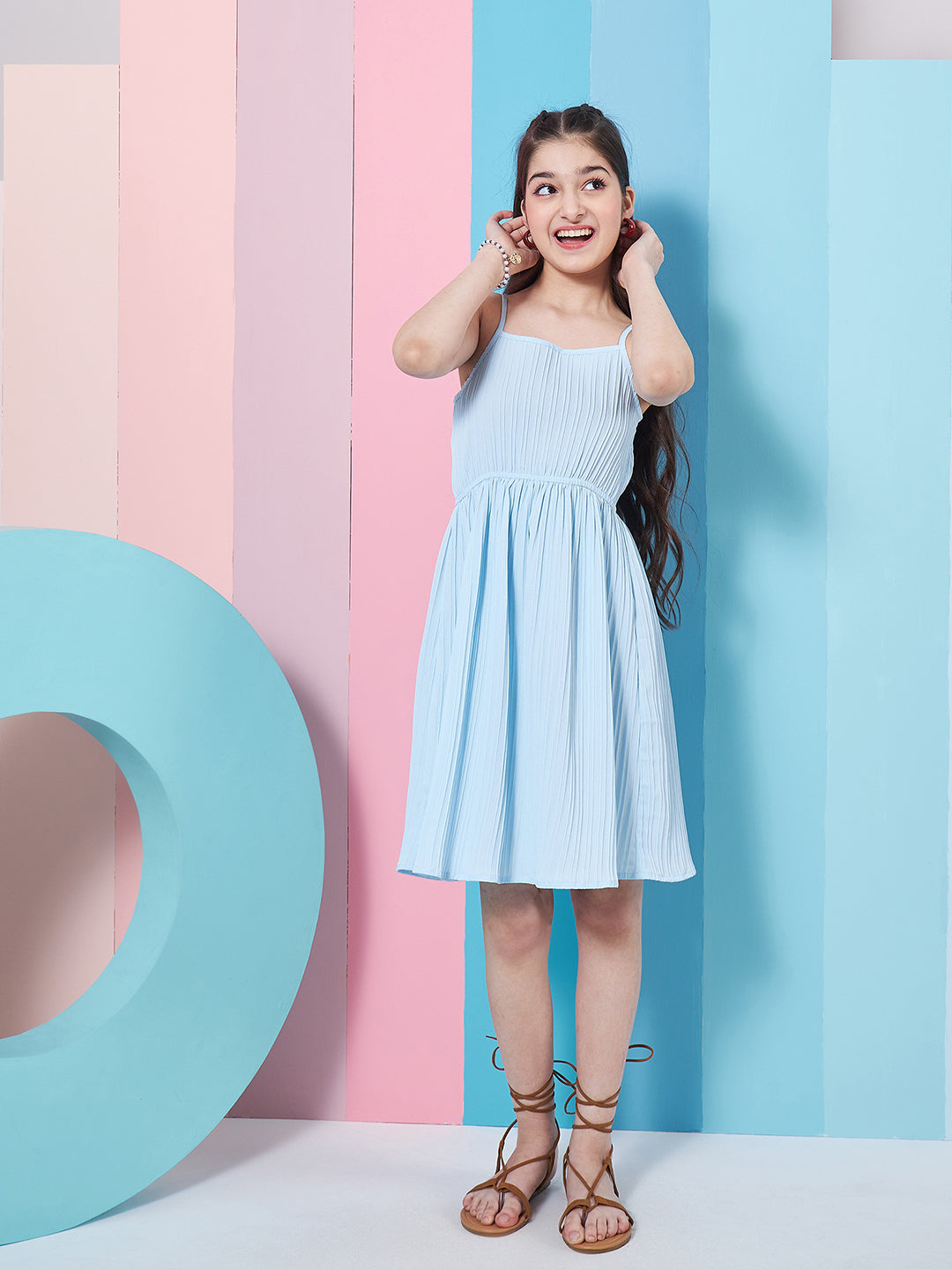 Girls Self Design Sleeveless Fit Flare Dress With Shrug - PS Peaches