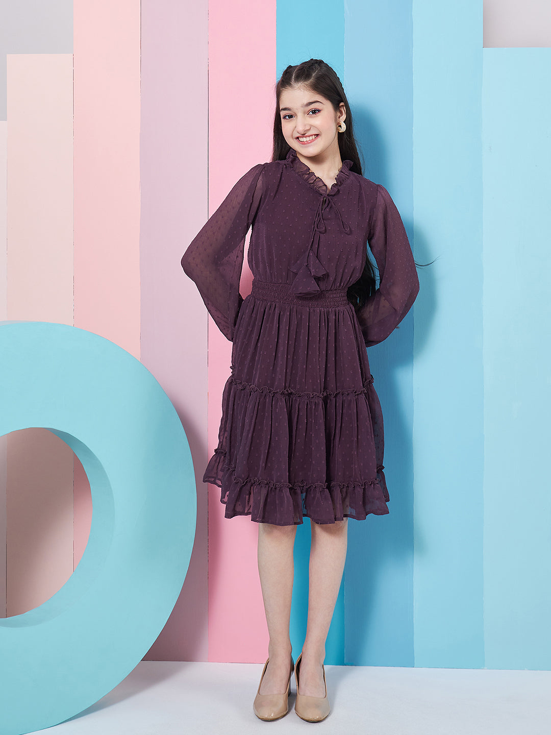 Girls V-Neck Long Sleeves Chiffon Fit Flare Dress Trendia Girls V-Neck Long Sleeves Chiffon Fit Flare Dress Trendia