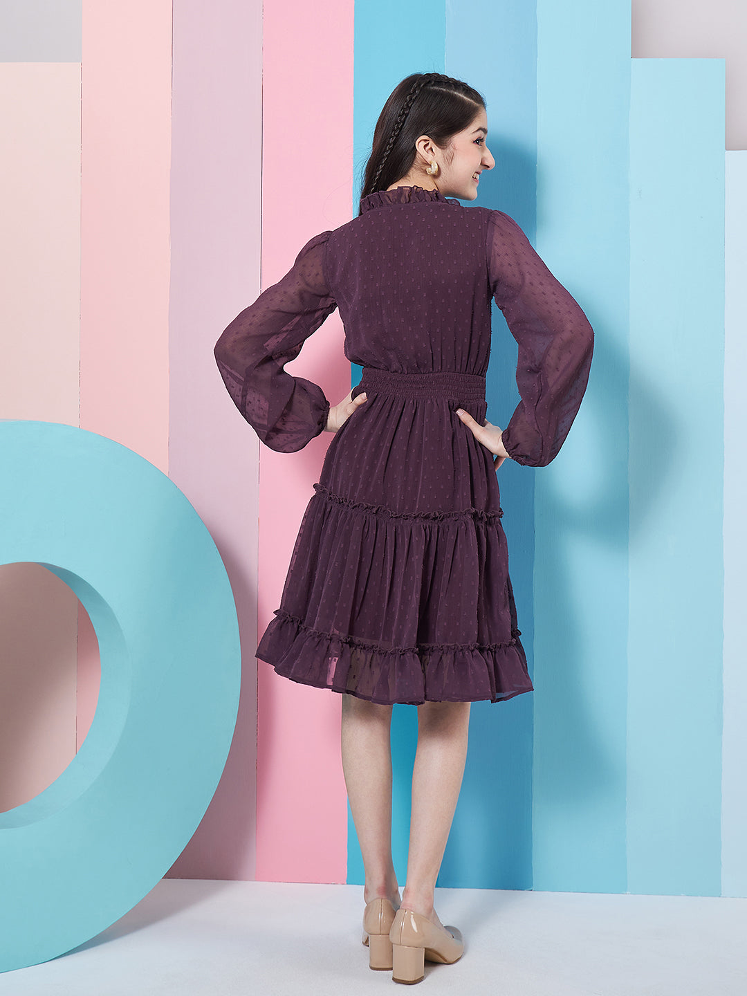 Girls V-Neck Long Sleeves Chiffon Fit Flare Dress 8-9 Y / Wine / Chiffon | Trendia Global Girls V-Neck Long Sleeves Chiffon Fit Flare Dress 8-9 Y / Wine / Chiffon | Trendia Global