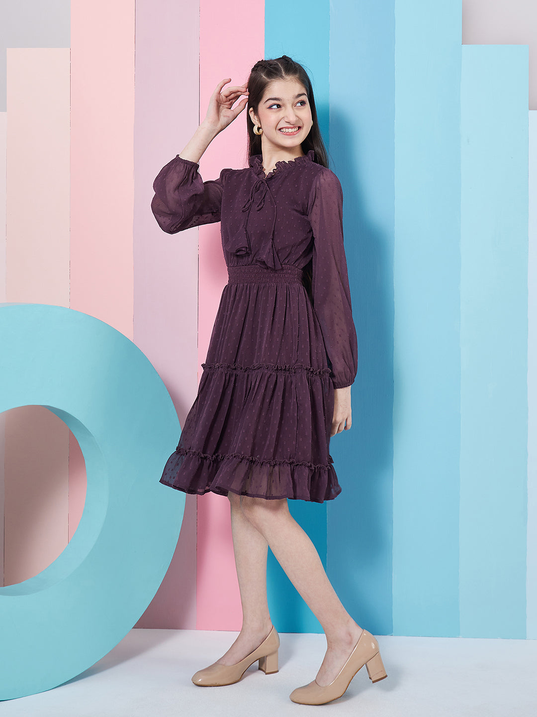 Girls V-Neck Long Sleeves Chiffon Fit Flare Dress Trendia Girls V-Neck Long Sleeves Chiffon Fit Flare Dress Trendia