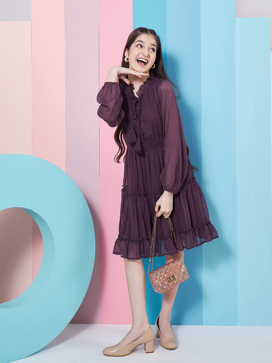 Girls V-Neck Long Sleeves Chiffon Fit Flare Dress - PS Peaches