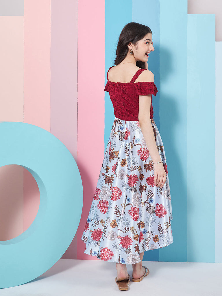 Girls Floral Printed Cold-Shoulder Satin Fit Flare Midi Dress
