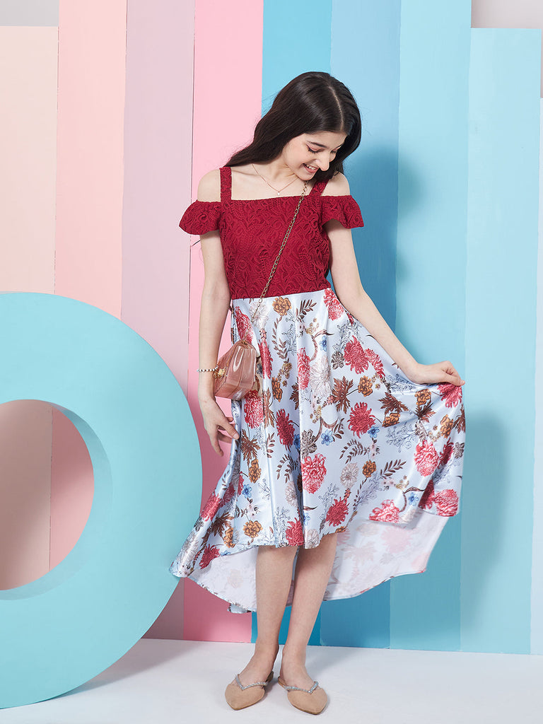 Girls Floral Printed Cold-Shoulder Satin Fit Flare Midi Dress