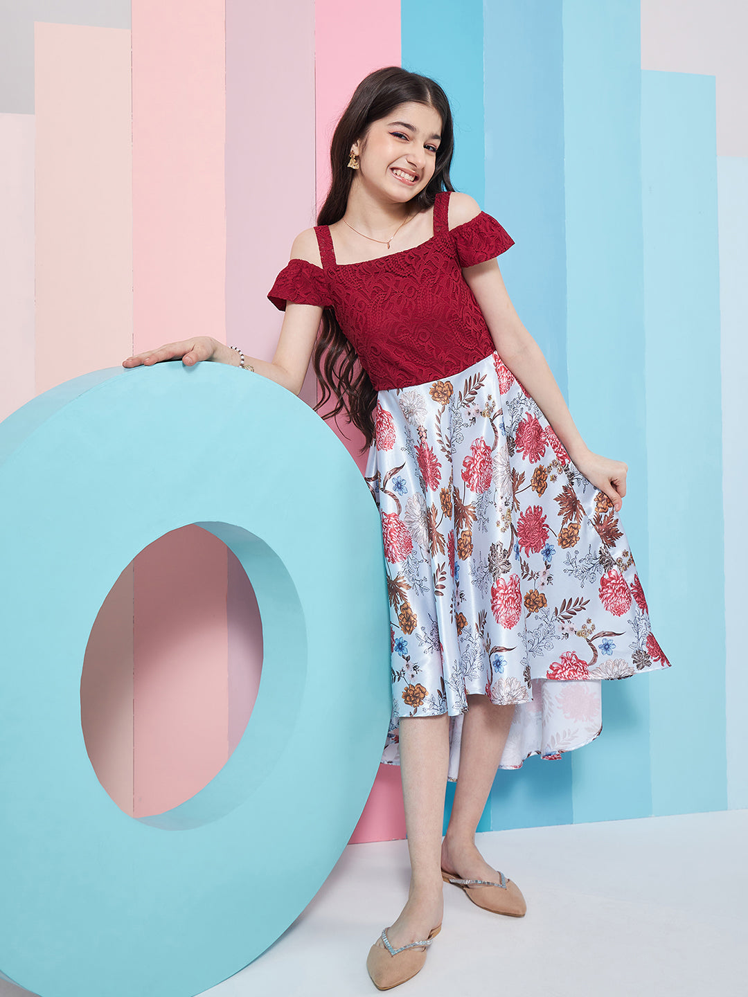 Girls Floral Printed Cold-Shoulder Satin Fit Flare Midi Dress - PS Peaches