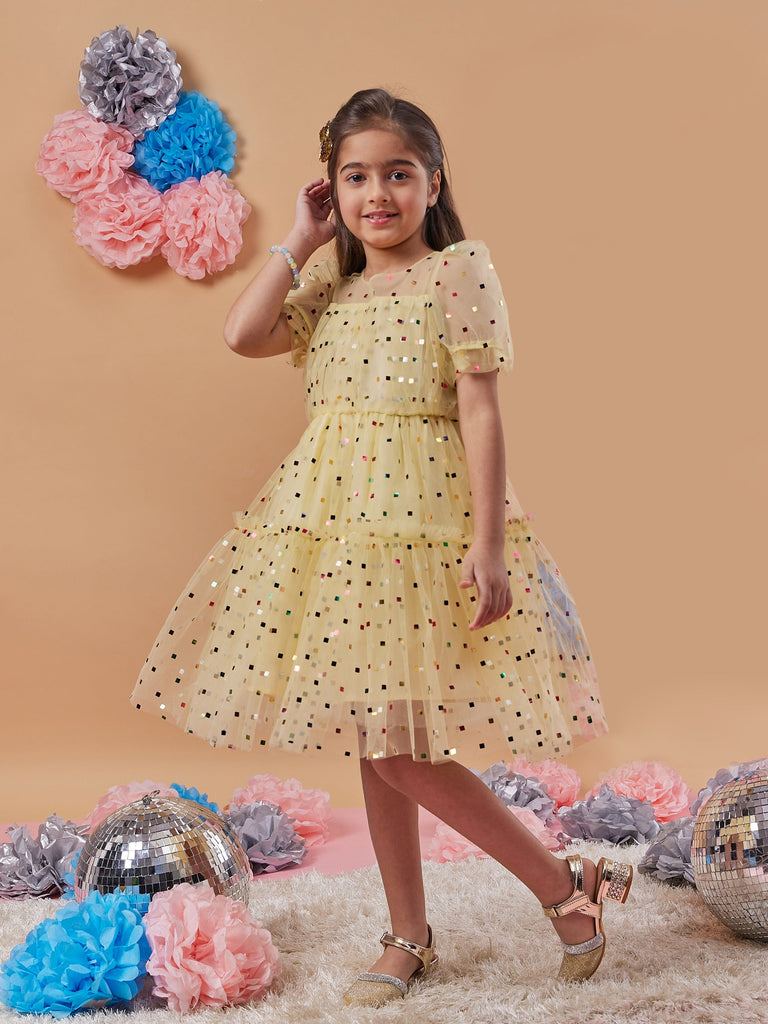 Girls Embellished Puff Sleeves Fit Flare Dress