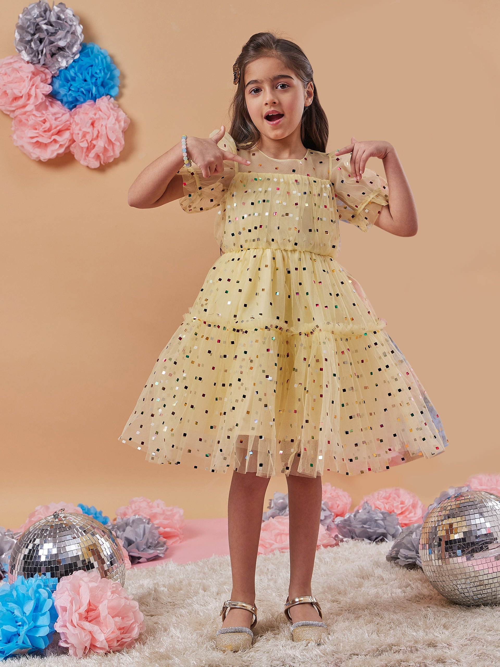 Girls Embellished Puff Sleeves Fit Flare Dress - PS Peaches
