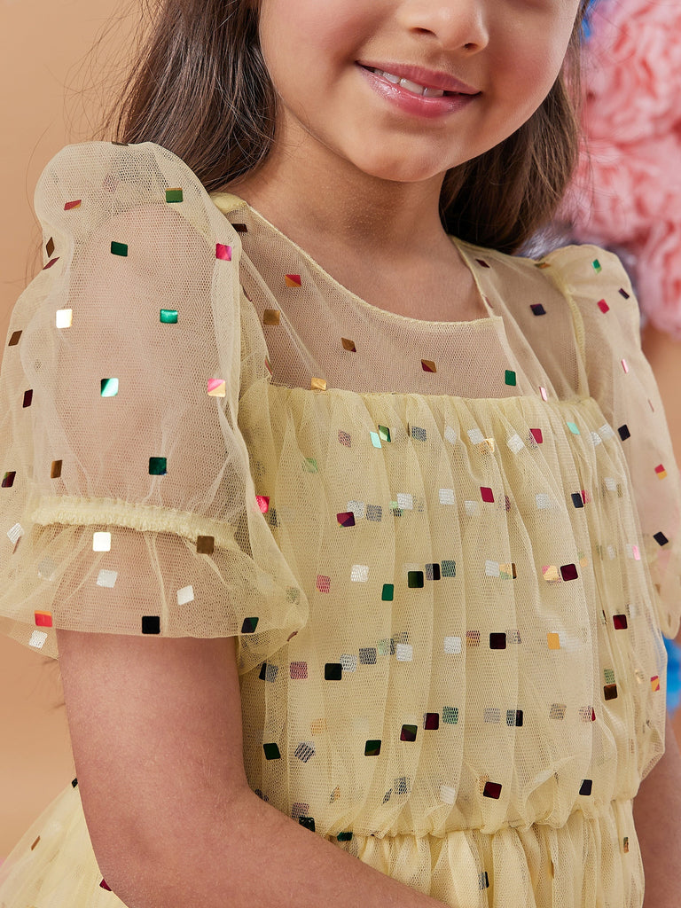 Girls Embellished Puff Sleeves Fit Flare Dress