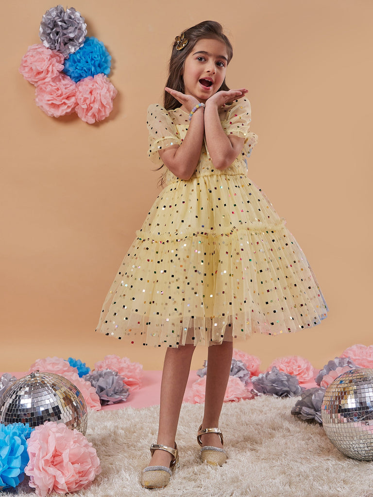 Girls Embellished Puff Sleeves Fit Flare Dress