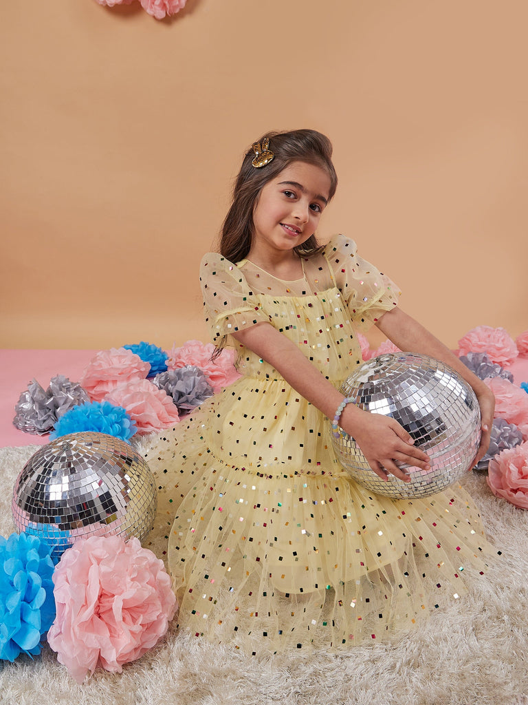 Girls Embellished Puff Sleeves Fit Flare Dress