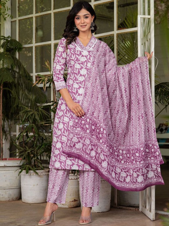 Women's Floral Printed V-Neck Cotton Straight Kurta Trousers & With Dupatta