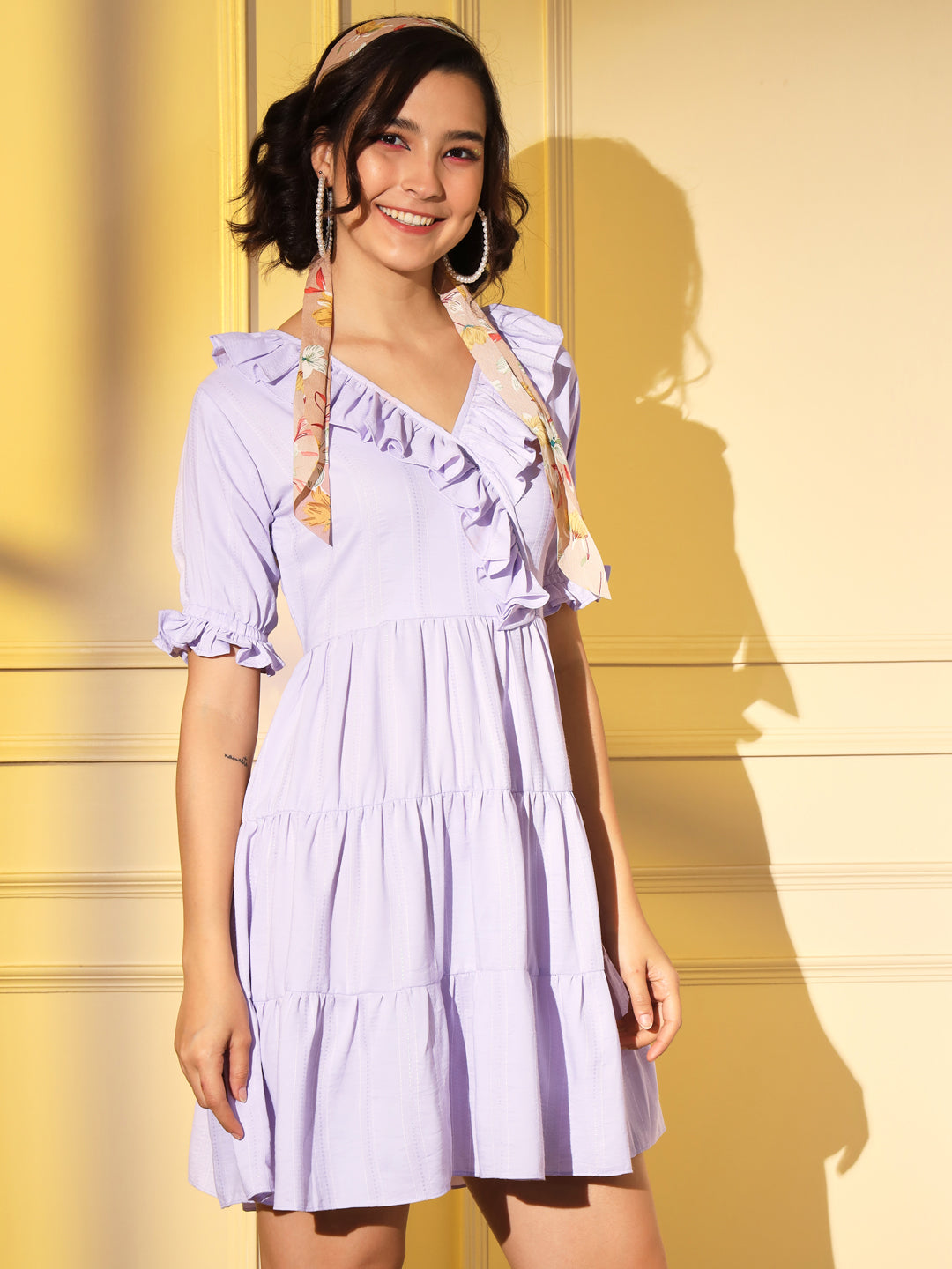 Women's Purple Viscose Texture Flared Dress - Navyaa