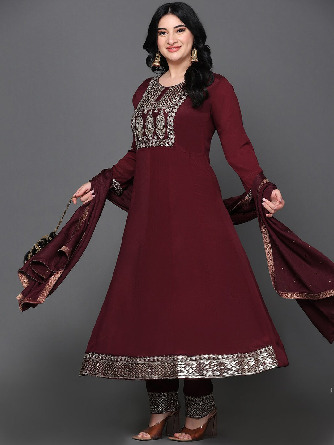 Women's Embroidered Sequined Anarkali Pure Silk Kurta With Trousers & Dupatta - Noz2Toz USA