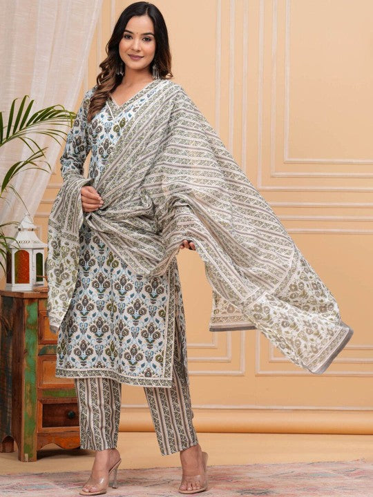 Women's Floral Printed Regular Cotton Straight Kurta with Palazzos & With Dupatta