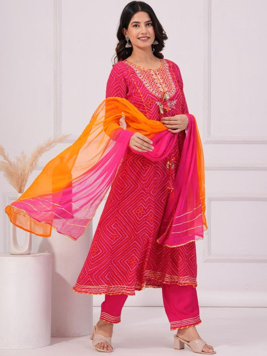 Women's Bandhani Printed Anarkali Kurta with Trousers & Dupatta