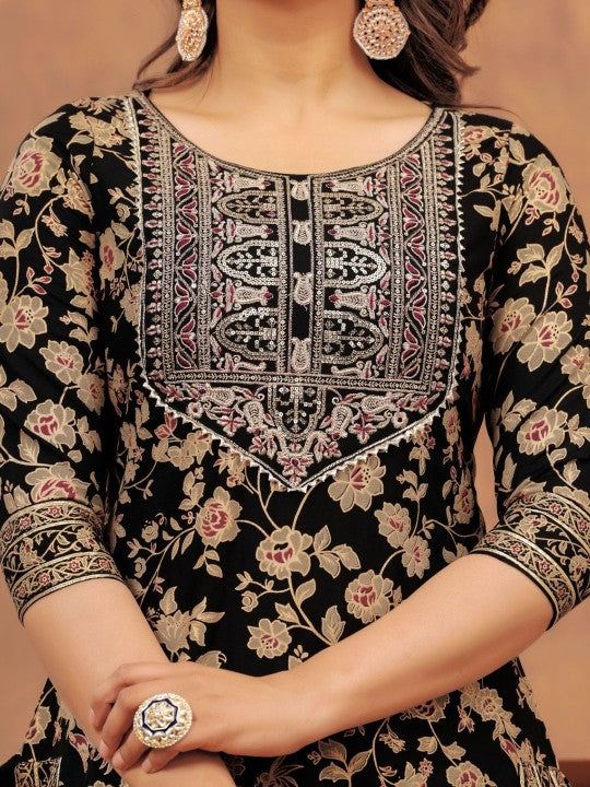Women's Floral Printed Gotta Patti Straight Kurta with Sharara & Dupatta