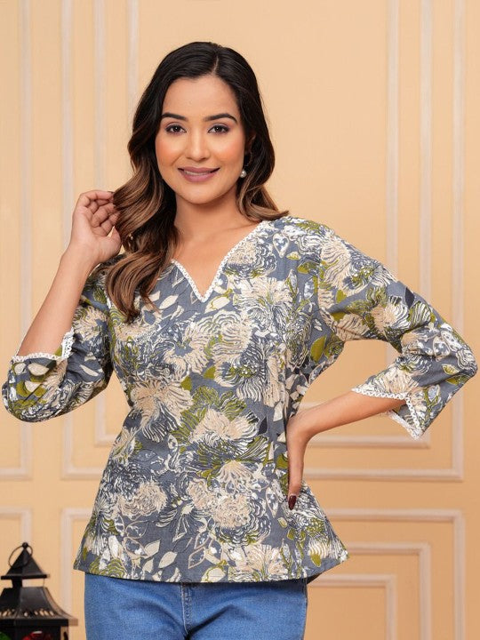 Women's Floral Print Mandarin Collar Shirt Style Top