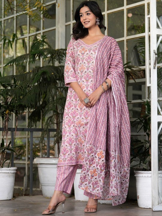 Women's Ethnic Motifs Printed Cotton Straight Kurta with Palazzos & With Dupatta